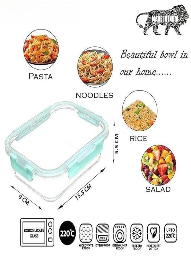 SIMPARTE 370ml Rectangular Borosilicate Glass Food Storage Containers with Detachable Airtight Leak-Proof Blue Lids - Set of 2 | Microwave, Freezer & Dishwasher Safe | Transparent Lunch Boxes - Image 4